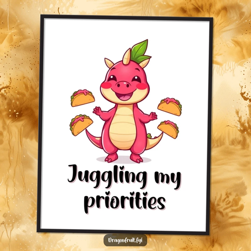 Funny digital art print of a happy dragonfruit character juggling three tiny, lively dancing tacos, perfect for vibrant wall decor.