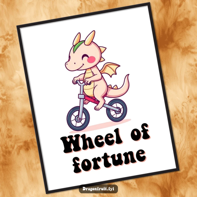 Funny Dragonfruit Digital Art Print of a character hilariously struggling to balance on a unicycle, ready to add humor.