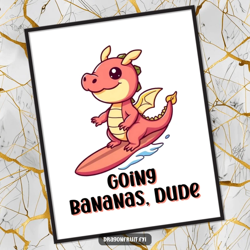 Funny digital art print of a laughing dragonfruit character surfing a banana slice surfboard, ideal for vibrant, tropical decor.