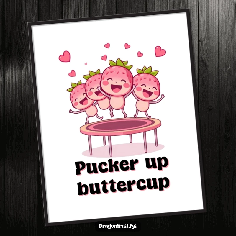 Funny giggling raspberry bunch digital art print, bouncing on a trampoline with glee, high-resolution art for instant cheer.