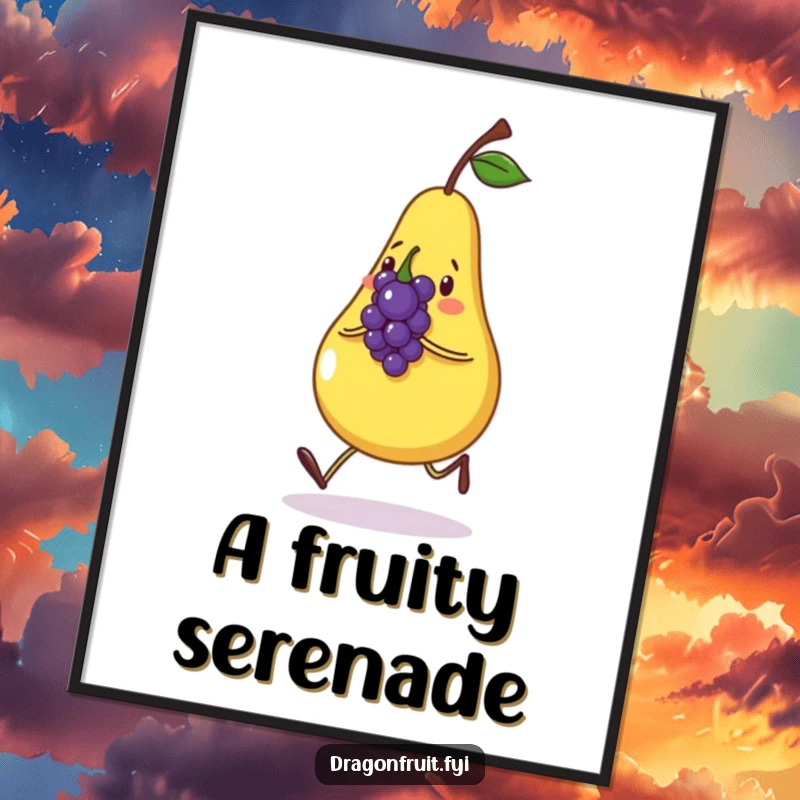 Funny digital art print of a cheerful pear skipping happily with a small grape singing. Printable fruit wall decor.