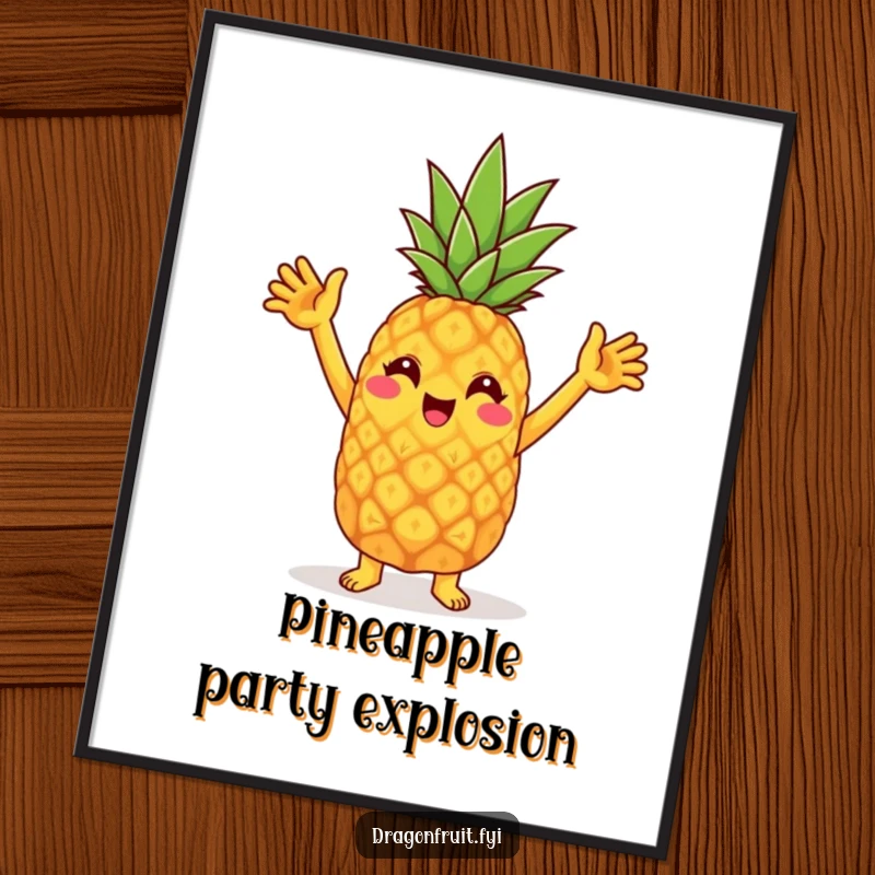 Funny digital art print of a cheerful pineapple character doing a silly dance with raised arms, a celebration of pure tropical joy.