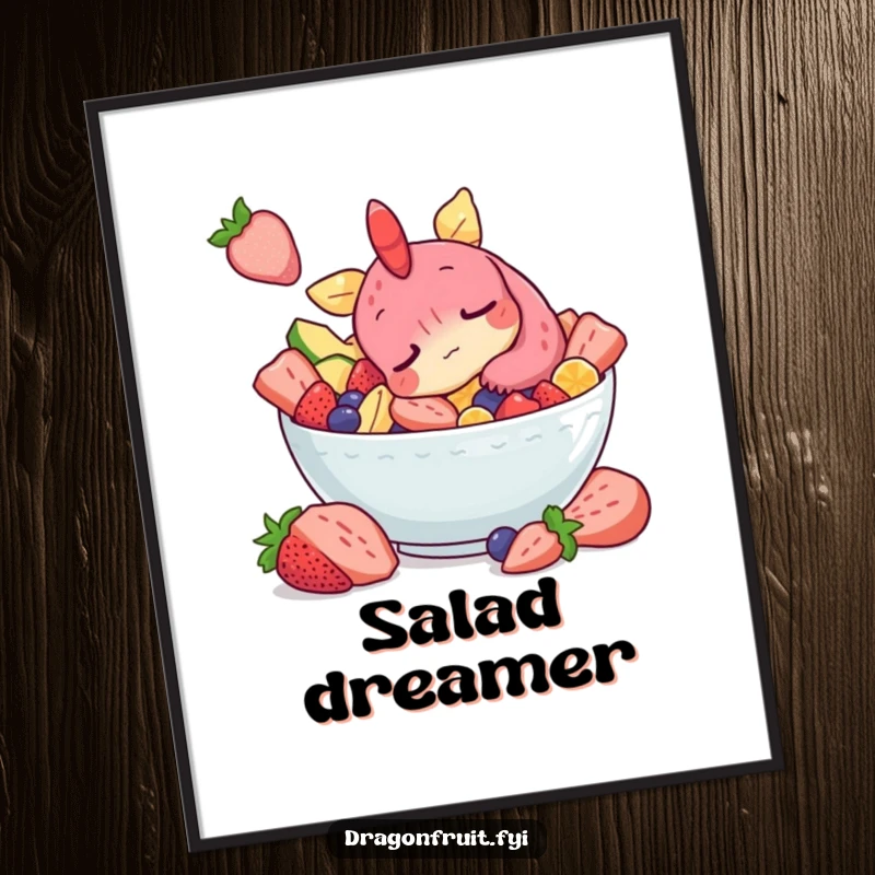 Funny digital art print of a sleepy dragonfruit character snoozing in a fruit salad, perfect for wall decor.