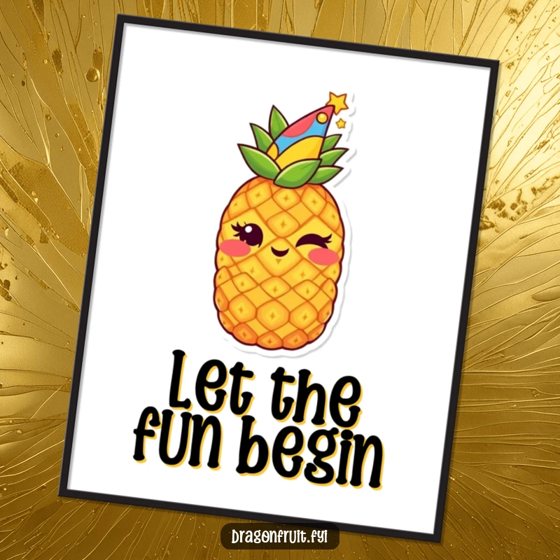 Funny digital art print of a starry pineapple wearing a party hat and winking mischievously, perfect for festive decor.