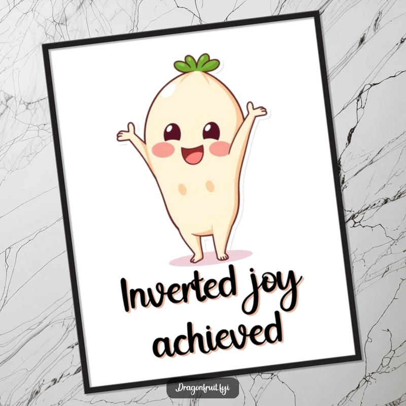 Funny Pitaya Digital Art Print: A smiling pitaya fruit performing an energetic handstand, offering downloadable humor and character.