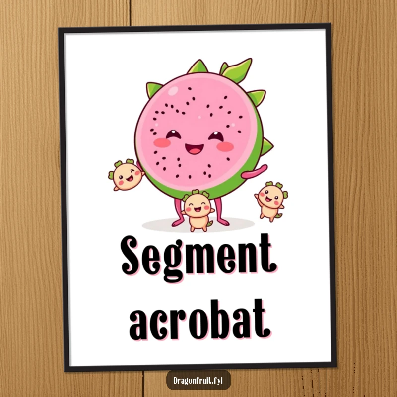 Funny digital art print of a smiling dragonfruit slice with tiny legs, juggling smaller segments, capturing tropical fun.