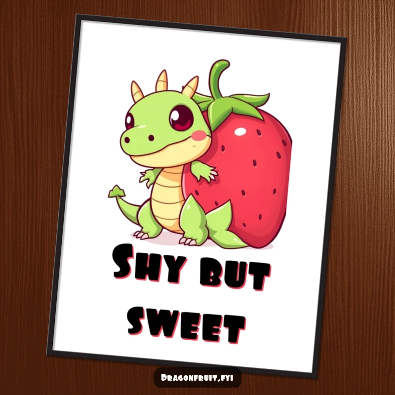 Funny digital art print of a startled dragonfruit character hiding behind a giant strawberry, ideal for humorous and cute decor.