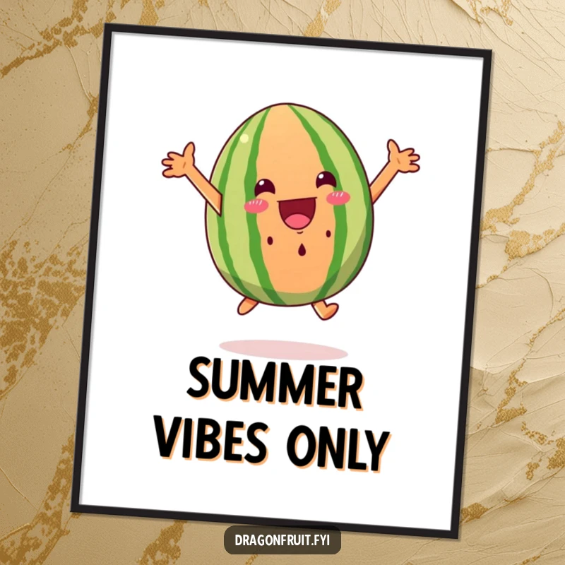 Funny excited watermelon wedge digital art print, leaping with joy, high-resolution art for immediate humorous display.