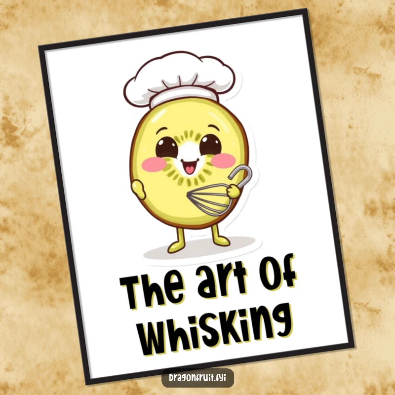 Funny digital art print of a smiling kiwi slice wearing a chef hat, whisking batter with enthusiasm and charm.