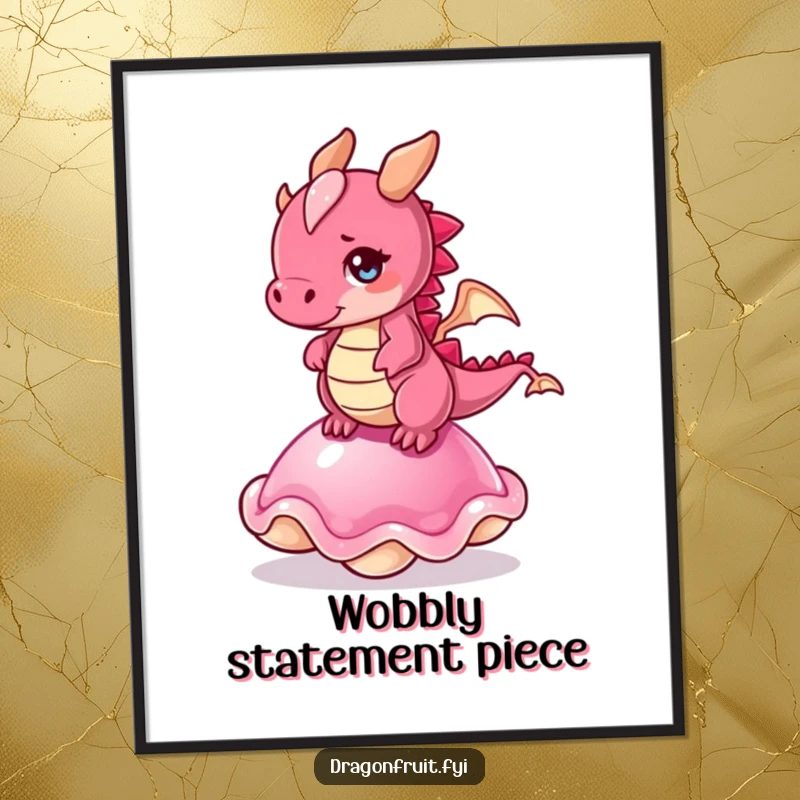 Funny digital art print: a dragonfruit character hilariously attempting to balance on a wobbly jelly, vibrant and amusing.