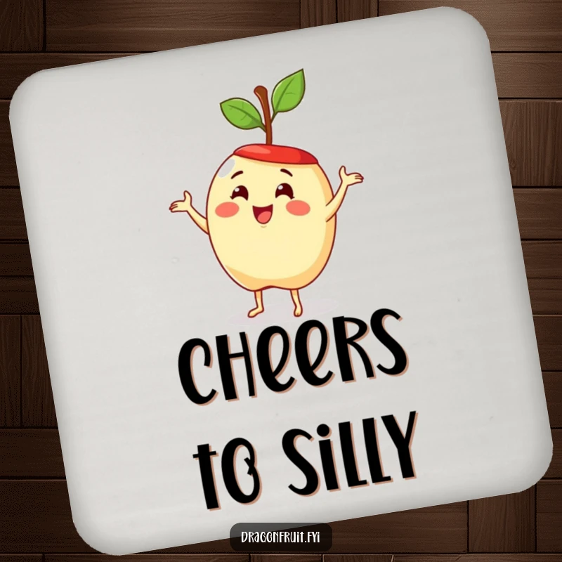 Funny drink coaster featuring a delighted apple dancing playfully. Protects surfaces with fruity humor.