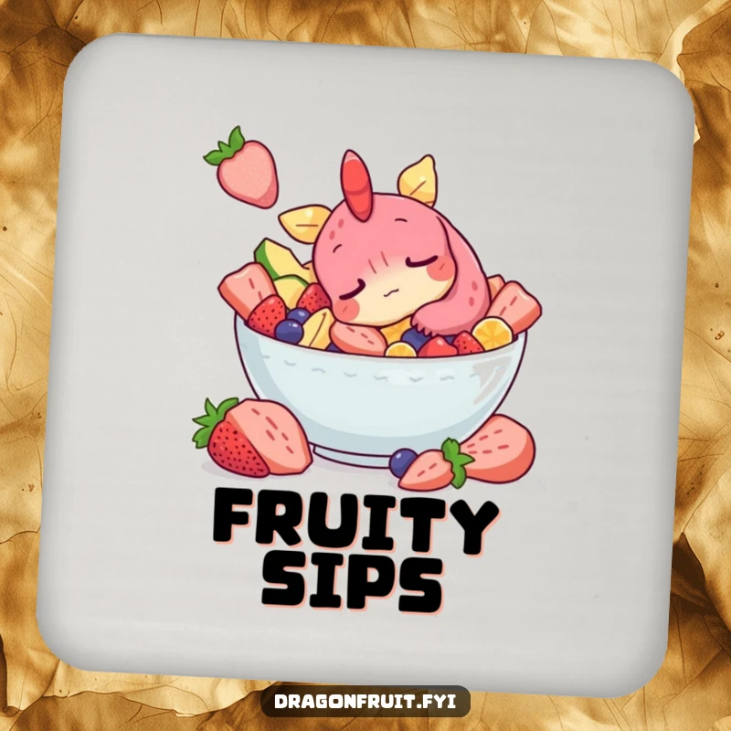 Funny drink coaster with a sleepy dragonfruit character snoozing in a fruit salad, protecting tables with humor.