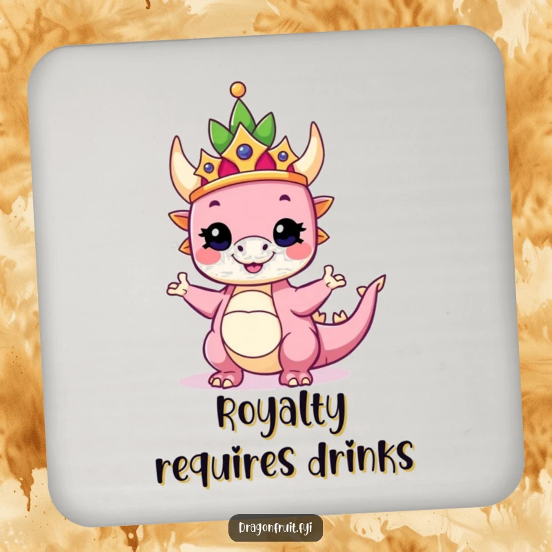 Funny drink coaster depicting a dragonfruit wearing a crown, striking a proud and silly pose, adding regal humor to tables.