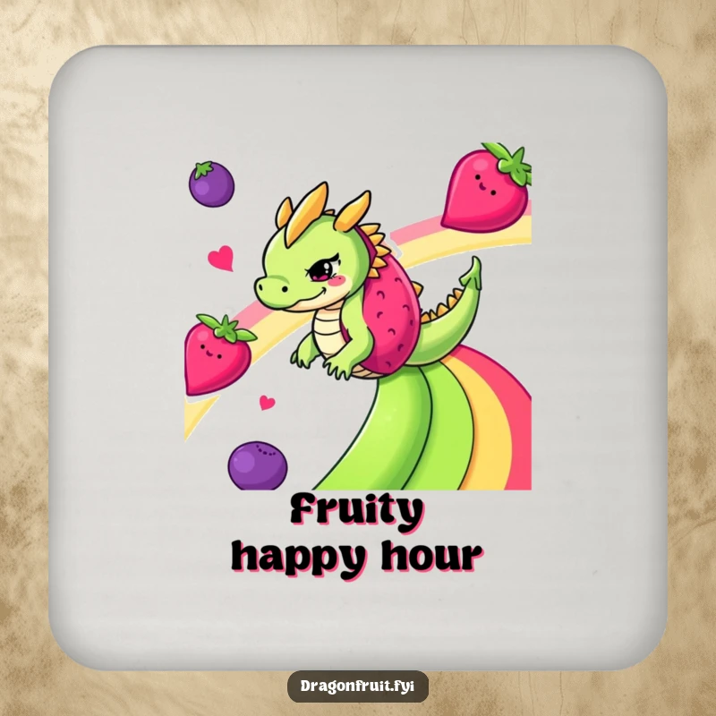 Funny mischievous dragonfruit sliding down a fruit rainbow on a protective drink coaster, adding tropical flair.