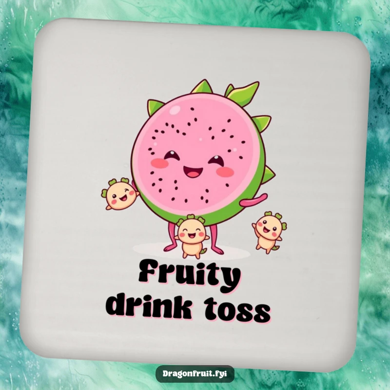 Funny drink coaster with a smiling dragonfruit slice on tiny legs, juggling smaller segments, adding tropical humor to beverage service.