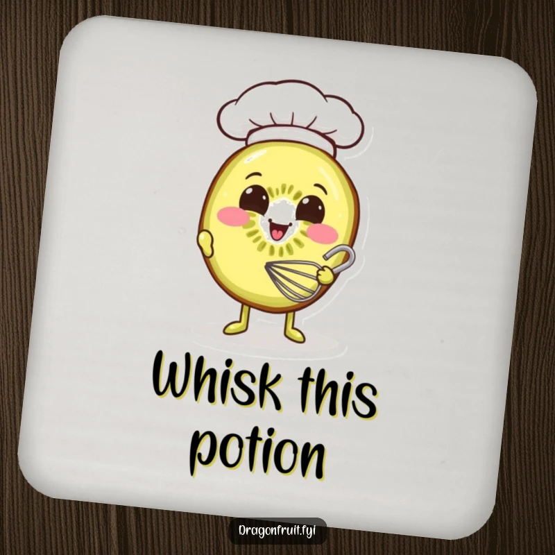 Funny coaster with a smiling kiwi slice wearing a chef hat, whisking batter, a cute protection for surfaces.