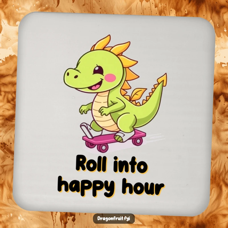 Funny drink coaster decorated with a happy dragonfruit character in roller skates, adding a playful touch to any table setting.
