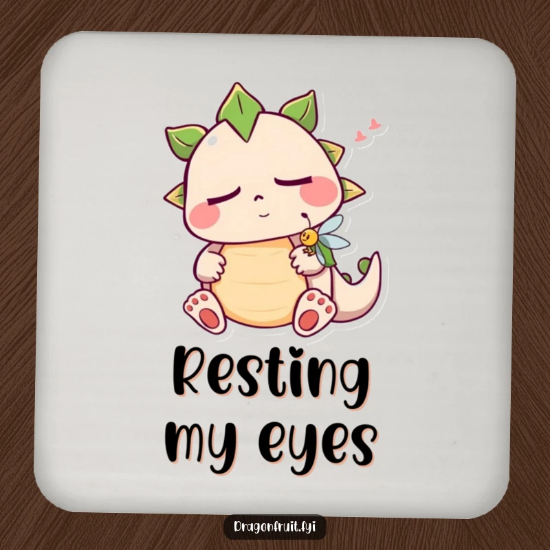 Funny sleepy dragonfruit coaster with a snoring fruit character, protecting surfaces with a touch of humor and fruity design.