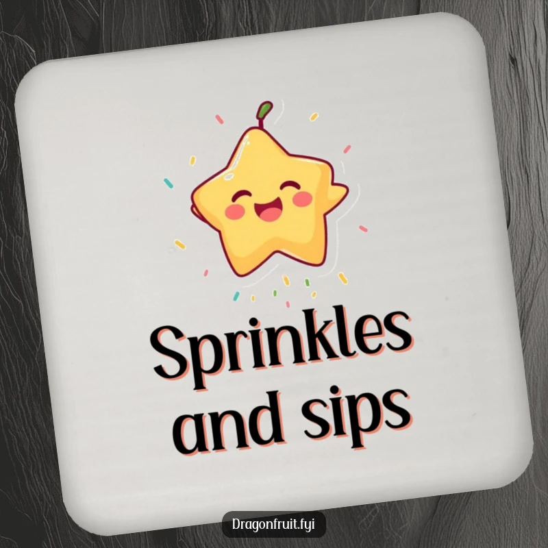Funny Starfruit Coaster: A laughing starfruit character catching sprinkles, protecting surfaces with humorous fruit charm.