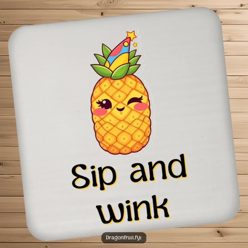 Funny drink coaster featuring a starry pineapple wearing a party hat and winking mischievously, adding festive humor.