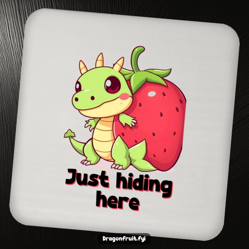 Funny drink coaster featuring a startled dragonfruit character hiding behind a giant strawberry, adding humorous and cute decor.