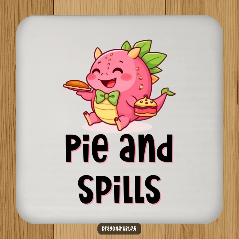 Funny drink coaster featuring a happy dragonfruit tripping with a pie, a humorous and protective accessory.