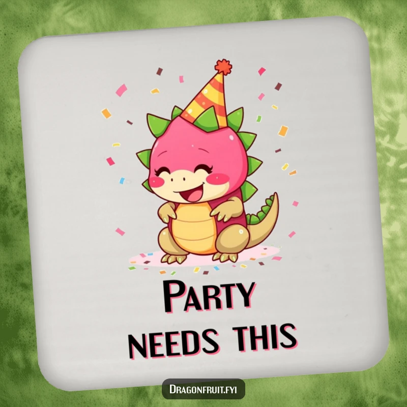 Funny coaster with a giggling dragonfruit wearing a party hat and confetti, for festive surface protection.