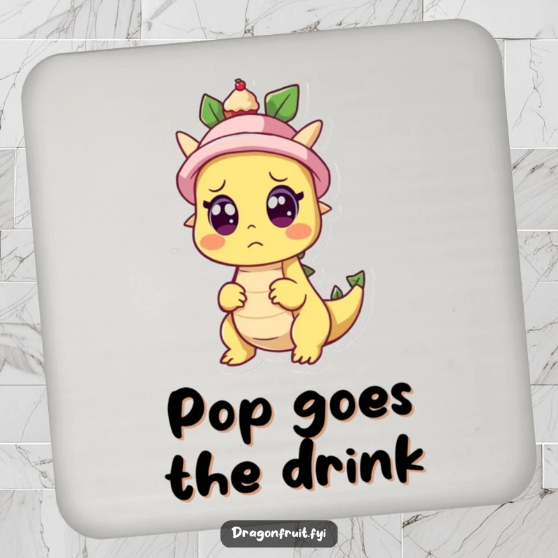 Funny coasters with a surprised dragonfruit character as a cupcake pops from a hat, adding a whimsical and humorous touch to drink protection.