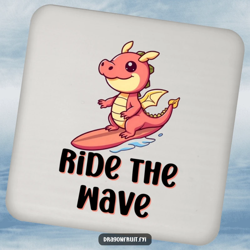 Funny drink coaster featuring a laughing dragonfruit character surfing a banana slice surfboard, adding tropical humor to surfaces.