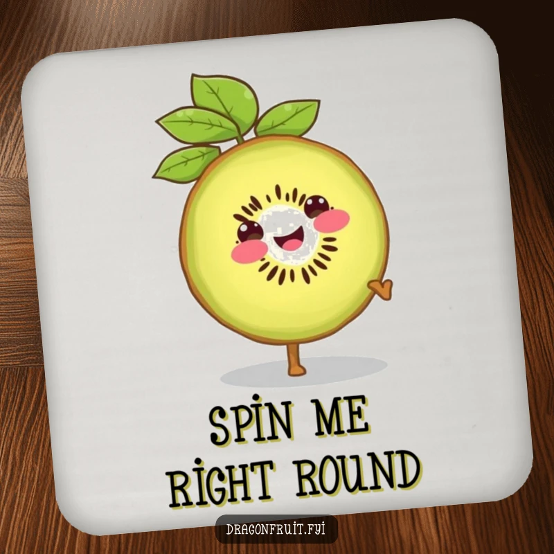 Funny drink coaster featuring a smiling kiwi slice doing a confident cartwheel, adding energetic humor to surfaces.