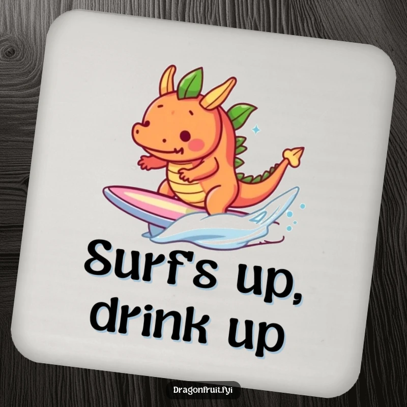 Funny determined dragonfruit character surfing a tiny wave on a surfboard, a humorous and protective drink coaster.