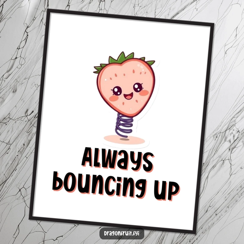 Funny poster showcasing a cheerful strawberry slice character bouncing happily on a spring, adding a touch of playful joy.