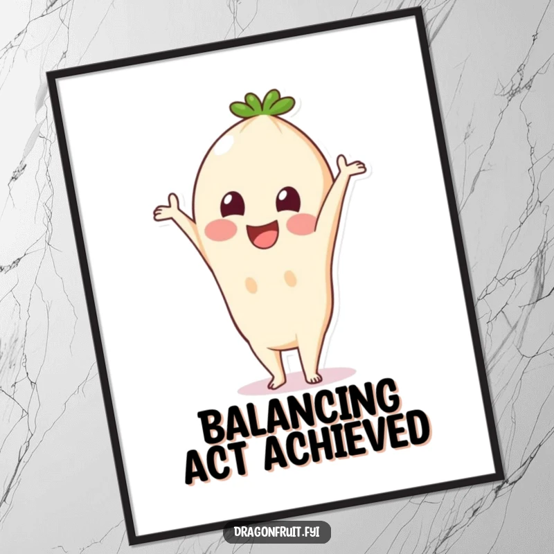 Funny Pitaya Poster: A vibrant pitaya fruit smiling while doing a handstand, creating a humorous and uplifting piece of wall art.