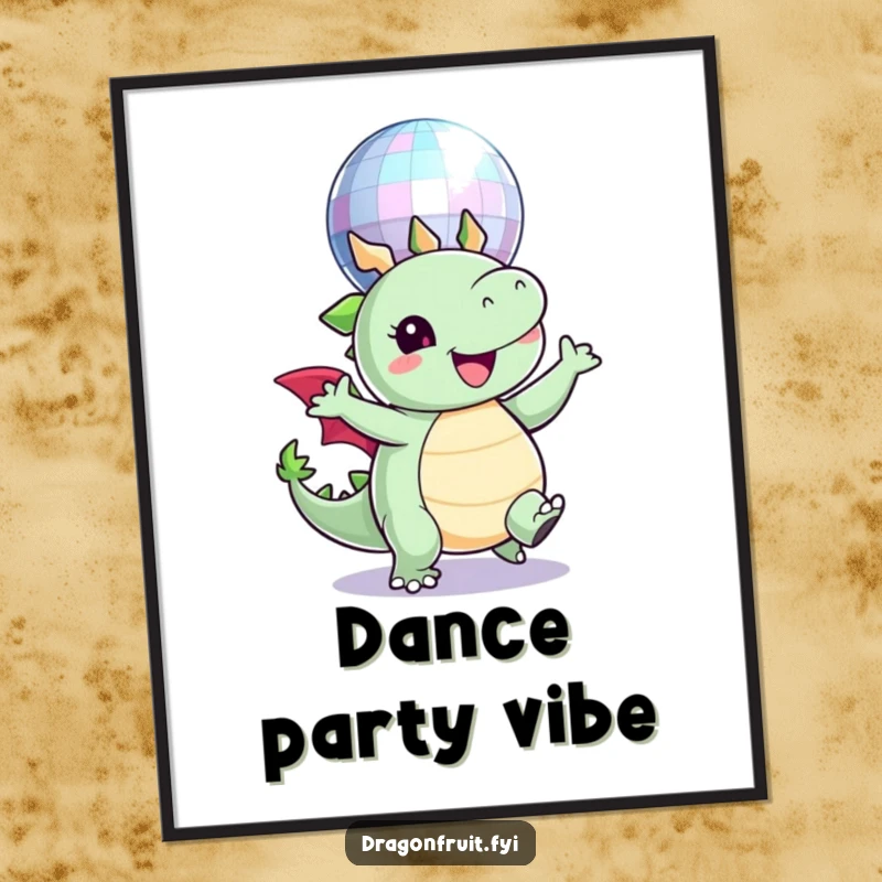 Funny poster featuring a round dragonfruit character joyfully dancing under a sparkling disco ball, embodying pure celebration and fun.