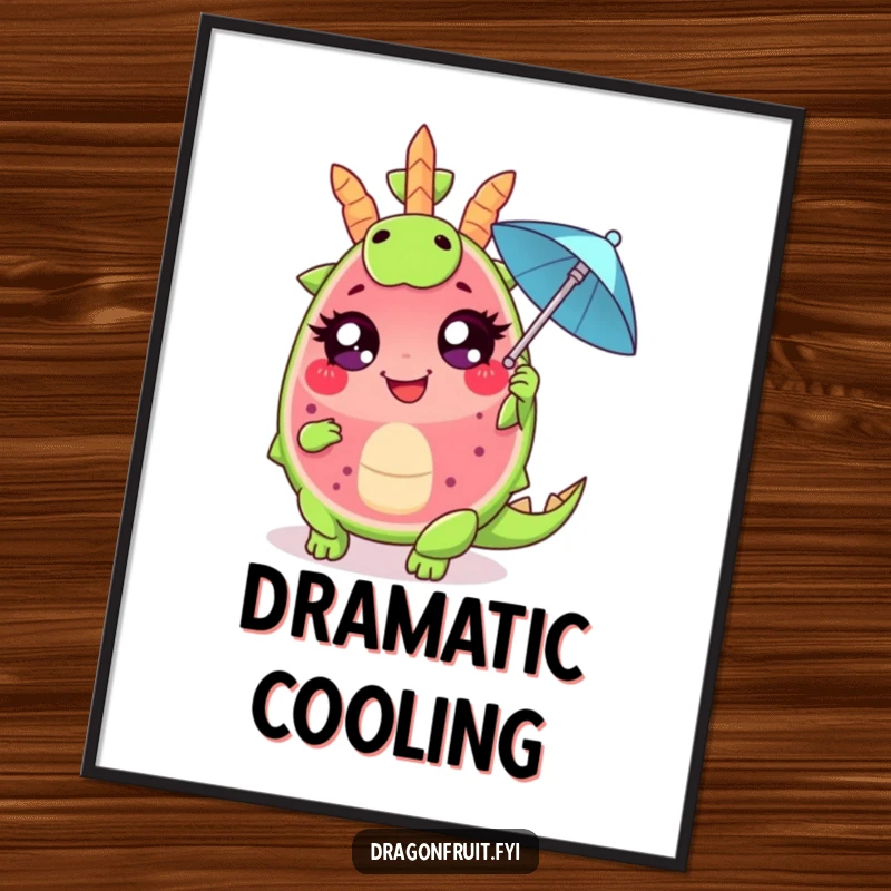 Funny poster of a giggling dragonfruit wedge with large eyes, dramatically fanning itself with a tiny cocktail umbrella, celebrating tropical flair.