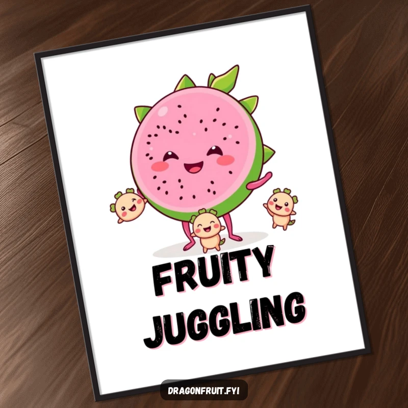 Funny poster of a smiling dragonfruit slice with tiny legs, juggling smaller segments, celebrating tropical charm and humor.