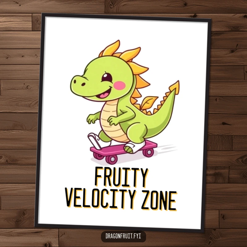 Funny poster art of a smiling dragonfruit character wearing roller skates, captured in a dynamic, zooming motion across the image.