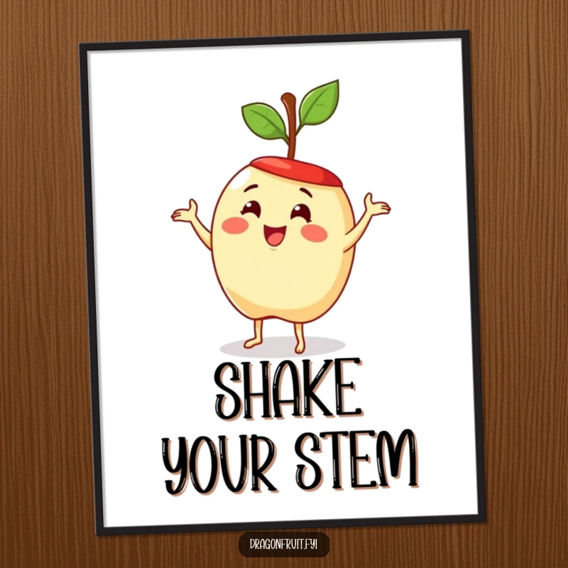 Funny poster depicting a delighted apple with a stem hat, enthusiastically performing a silly dance. Whimsical fruit art.