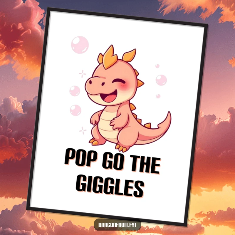 Funny Dragonfruit Poster showcasing a character overwhelmed with giggles, surrounded by a whimsical cascade of floating bubbles.