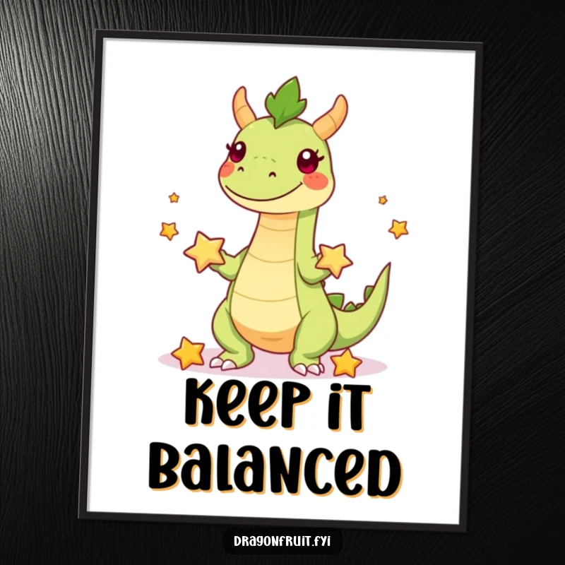 Funny poster of a dragonfruit character with legs juggling starfruit, radiating tropical happiness and playful energy.