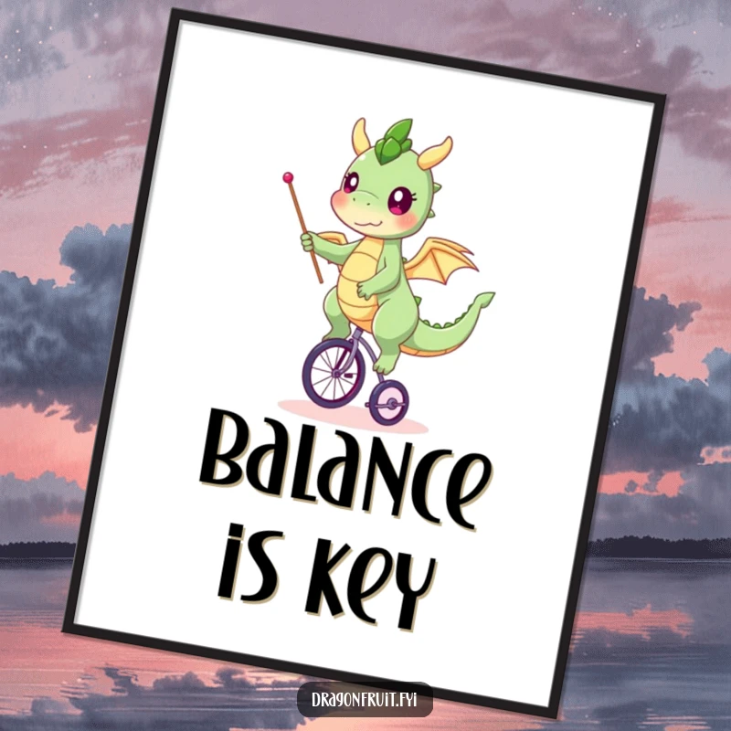 Funny dragonfruit poster, character balancing on a tiny unicycle, waving a small flag, a whimsical and cheerful display.