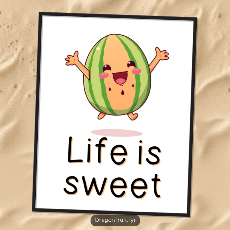 Funny excited watermelon wedge poster, leaping with arms outspread, radiating pure joy and energy, wall decor.