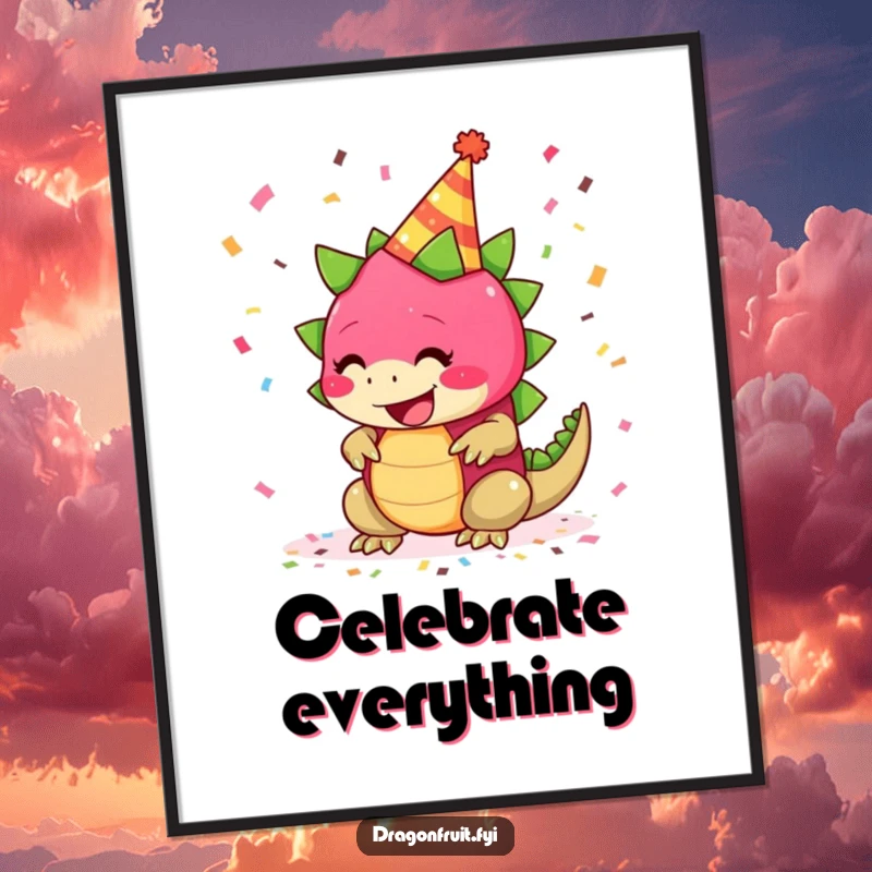 Funny poster of a giggling dragonfruit wearing a party hat, with confetti falling, for vibrant, festive wall art.
