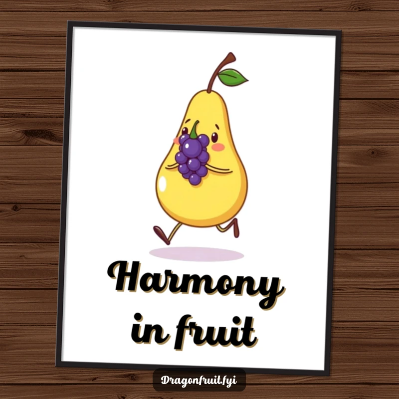 Funny poster depicting a cheerful pear skipping joyfully with a small grape singing a tune. Whimsical fruit art.