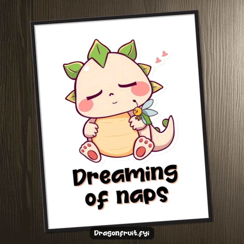 Funny sleepy dragonfruit poster print showing a cute snoring fruit character with closed eyes and a buzzing fly, ideal wall art.