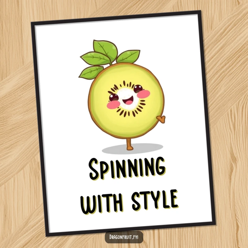 Funny poster showcasing a smiling kiwi slice doing a confident cartwheel, adding energetic and playful humor to walls.