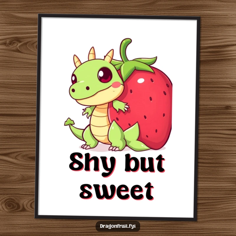 Funny poster showing a startled dragonfruit character peeking from behind a large strawberry, adding humorous and cute decor.