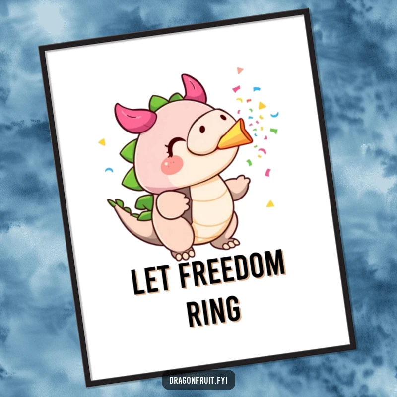 Funny dragonfruit poster, cheeks puffed, blowing a stream of colorful confetti from its stem like a party horn.