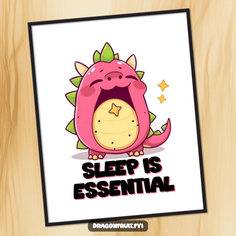 Funny yawning dragonfruit poster, mouth wide open, letting out a tiny star-shaped bubble of sleepiness, peaceful and cute.