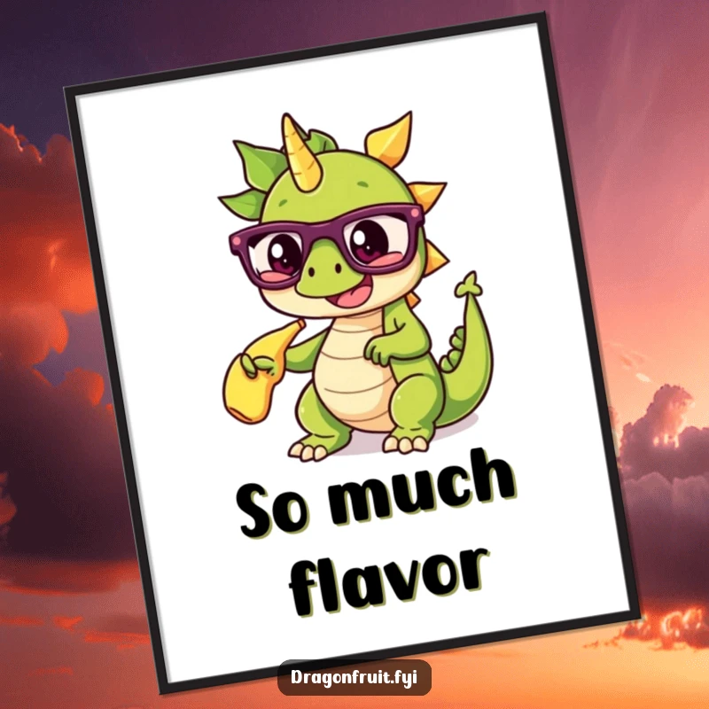 Funny poster showcasing a dragonfruit wearing glasses, dramatically pointing at a banana split, a humorous piece of fruit art.